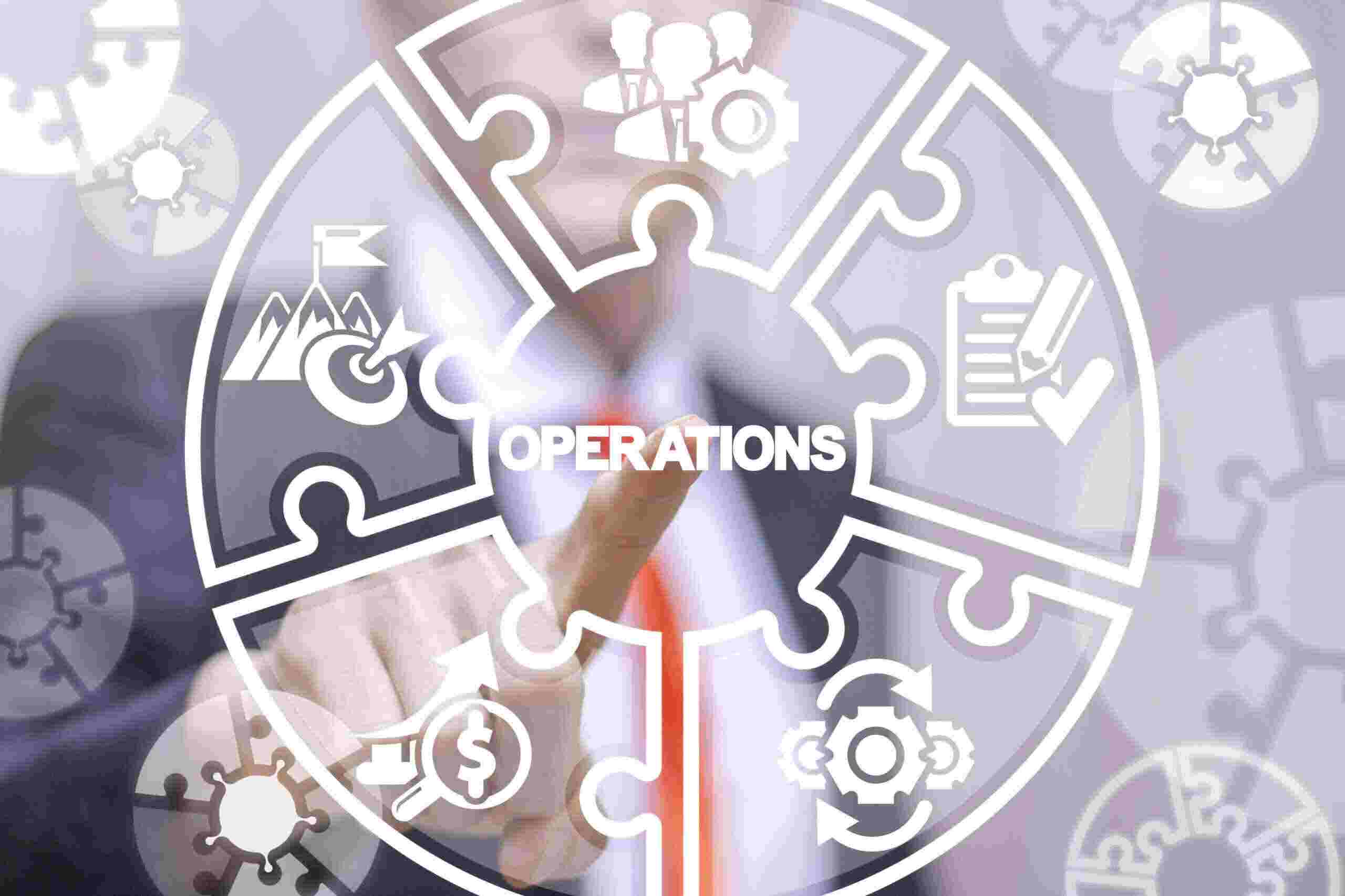 man pointing at image with the word operations in the middle