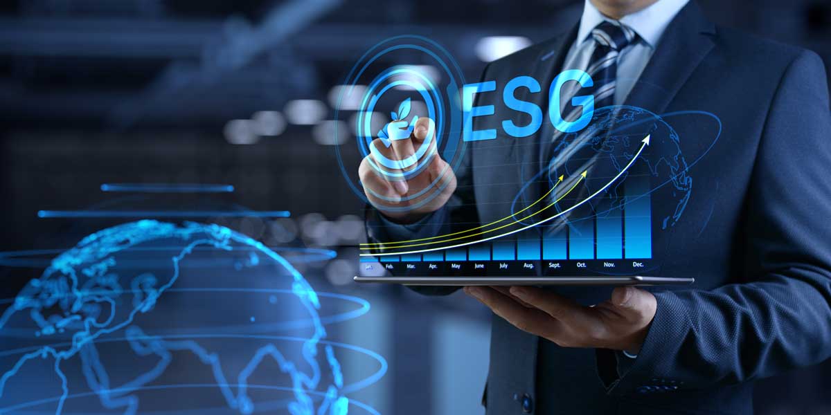 man pointing finger at ESG financial data streaming with globe behind