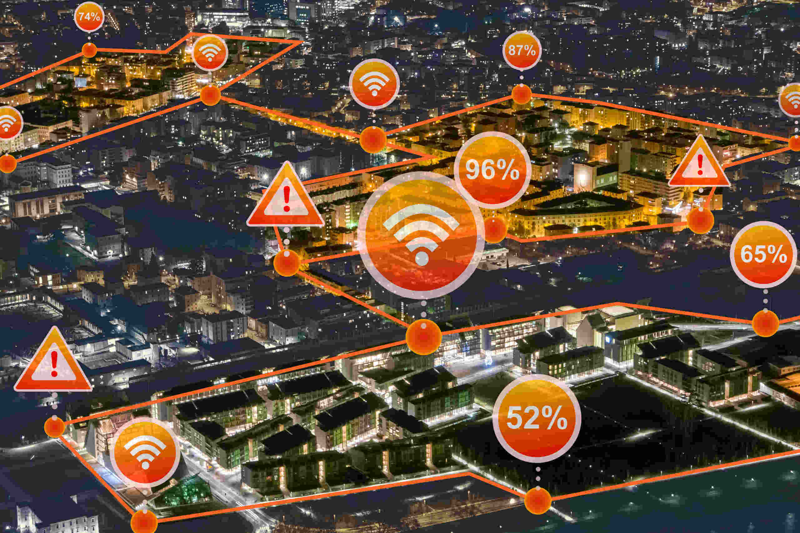 Data icons on top of city